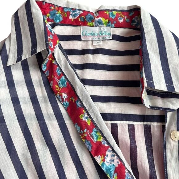 Charlotte Kellogg Stripe Shirt‎ Dress Handprinted Cotton Floral Trim Size Small - Picture 7 of 12